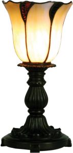 Clayre & Eef Tafellampje Met Gebogen Tiffany Kapje 32 X ø 16 Cm Bruin Wit Zwart Ijzer Glas
