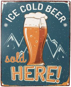Clayre & Eef Tekstbord 20x25 cm Blauw Geel Ijzer Ice cold beer Wandbord Blauw Wandbord