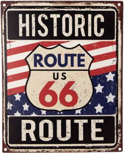 Clayre & Eef Tekstbord 20x25 cm Blauw Rood Ijzer Historic Route 66 Wandbord Blauw Wandbord