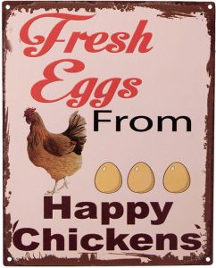 Clayre & Eef Tekstbord 20x25 cm Roze Ijzer Kip Fresh Eggs From Happy Chickens Wandbord Roze Wandbord