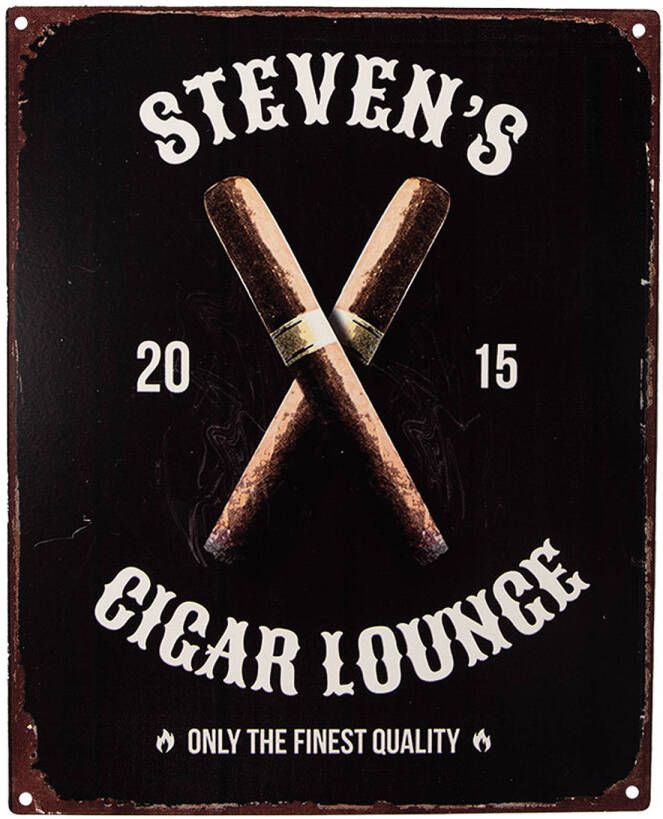 Clayre & Eef Tekstbord 20x25 cm Zwart Ijzer Sigaren Steven&apos;s cigar lounge Wandbord Zwart Wandbord
