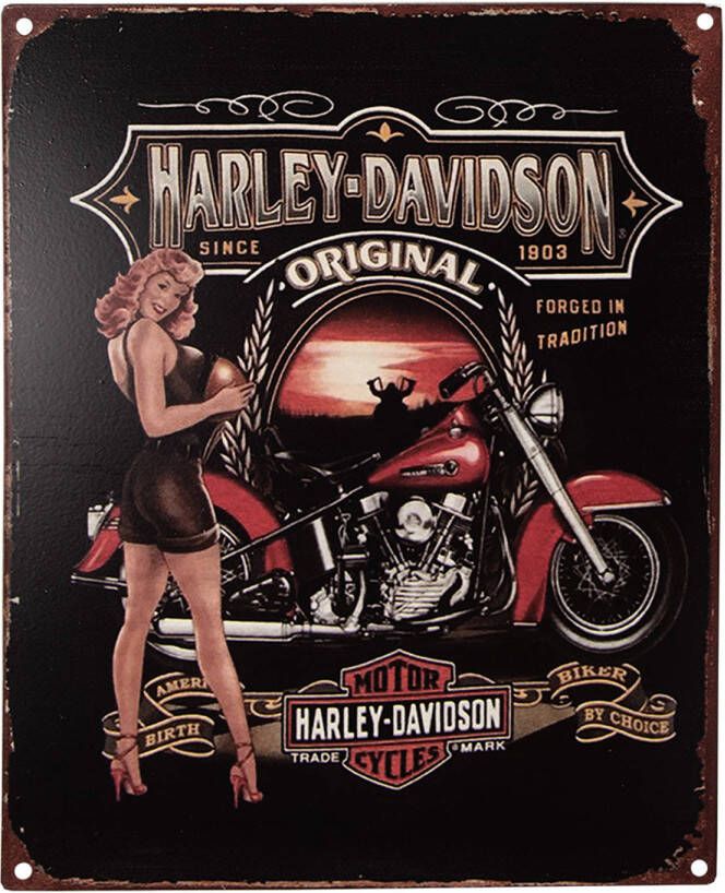 Clayre & Eef Tekstbord 20x25 cm Zwart Rood Ijzer Vrouw met motor Harley Davidson Wandbord Zwart Wandbord
