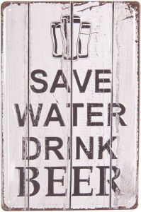 Clayre & Eef Tekstbord 20x30 cm Wit Ijzer Rechthoek Save Water Drink Beer Wandbord Wit Wandbord