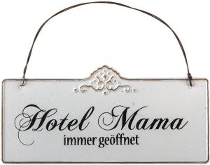 Clayre & Eef Tekstbord 21x15 cm Wit Ijzer Rechthoek Hotel Mama Wandbord Wit Wandbord