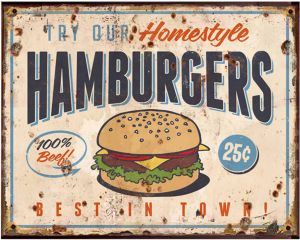 Clayre & Eef Tekstbord 25x20 Cm Beige Ijzer Hamburger Food Wandbord Spreuk Wandplaat Beige Wandbord Spreuk
