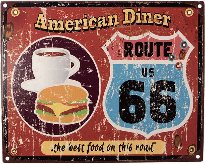 Clayre & Eef Tekstbord 25x20 cm Rood Ijzer Hamburger en koffie American Diner the best food on this road Wandbord