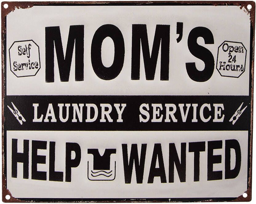 Clayre & Eef Tekstbord 25x20 cm Wit Zwart Ijzer Mom&apos;s laundry service Wandbord Wit Wandbord