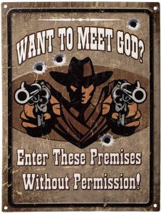Clayre & Eef Tekstbord 25x33 cm Bruin Ijzer Cowboy Want to meet god? Wandbord Bruin Wandbord