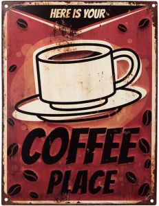 Clayre & Eef Tekstbord 25x33 cm Rood Ijzer Kop koffie Here is your Coffee place Wandbord Rood Wandbord