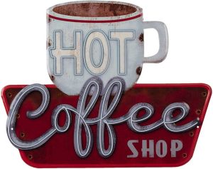 Clayre & Eef Tekstbord 38x48 cm Wit Rood Ijzer Hot Coffee Wandbord Wit Wandbord