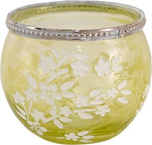 Clayre & Eef Theelichthouder Ø 10x9 cm Groen Wit Glas Metaal Rond Bloemen Waxinelichthouder Groen Waxinelichthouder
