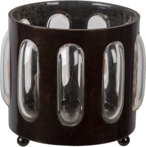 Clayre & Eef Theelichthouder Ø 11x13 cm Bruin Ijzer Glas Rond Waxinelichthouder Bruin Waxinelichthouder