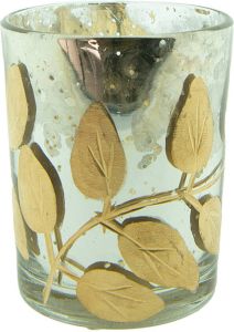 Clayre & Eef Theelichthouder Ø 6x7 cm Zilverkleurig Glas Blaadjes Waxinelichthouder Zilverkleurig Waxinelichthouder