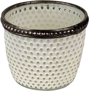 Clayre & Eef Theelichthouder Ø 7x6 Cm Wit Glas Metaal Rond Waxinelichthouder Windlichthouder Wit Waxinelichthouder