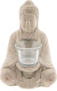 Clayre & Eef Theelichthouder Boeddha 6te0212 13*11*21 Cm Creme