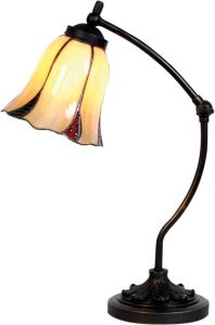 Clayre & Eef Tiffany Bureaulampje Met Kelk Glaskapje Verstelbaar Bruin Beige Rood Glas Metaal