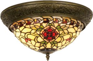 Clayre & Eef Tiffany Plafondlamp Compleet Red Flower Serie Bruin Rood Brons Wit Ijzer Glas