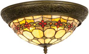 Clayre & Eef tiffany plafondlamp plafonnière flowerchain serie groen rood brons ivory ijzer glas