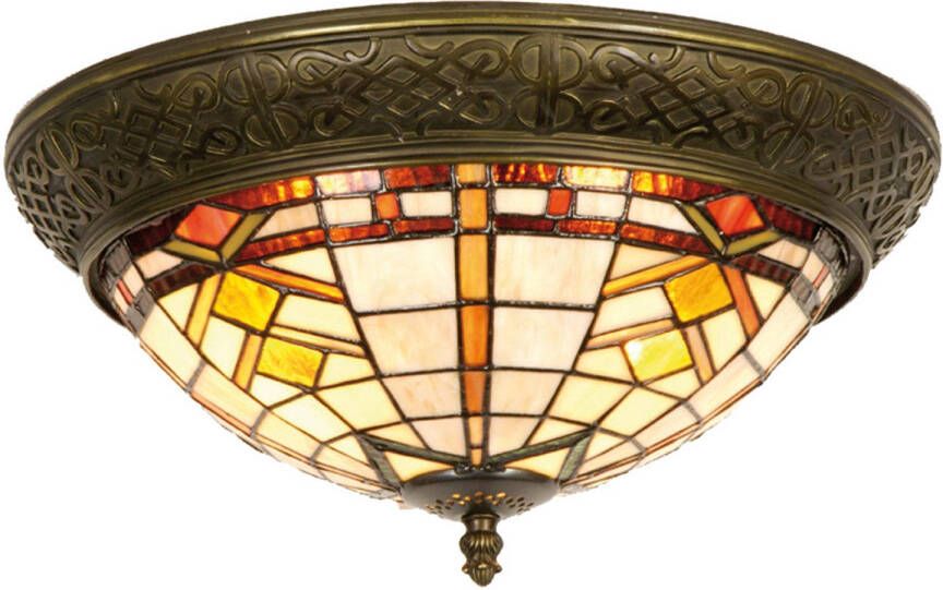 Clayre & Eef tiffany plafondlamp plafonnière moder lines serie bruin rood brons ivory wit ijzer glas