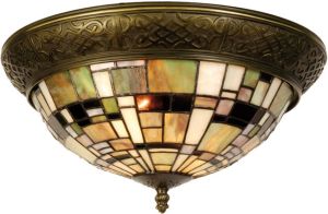 Clayre & Eef tiffany plafondlamp plafonnière mosaic serie bruin groen brons multi wit ijzer glas