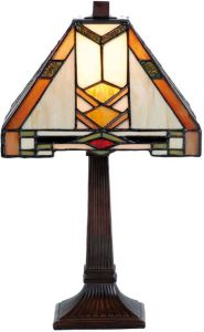 Clayre & Eef Tiffany Tafel Lampje Uit De Modern Lines Serie Bruin Oranje Wit Multi Colour Ijzer Glas