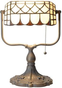 Clayre & Eef Tiffany Tafellamp Bankierslamp Met Trekschakelaar Oranje Brons Ivory Ijzer Glas