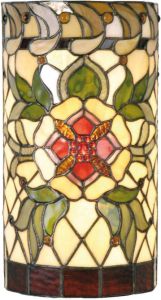 Clayre & Eef Tiffany Wandlamp Cilinder Compleet Red Flower Serie Groen Rood Multi Colour Ijzer Glas