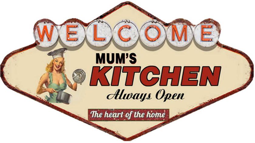 Clayre & Eef Wanddecoratie 49x27 cm Beige Rood Ijzer Welcome mum&apos;s kitchen Always Open Muurdecoratie Beige