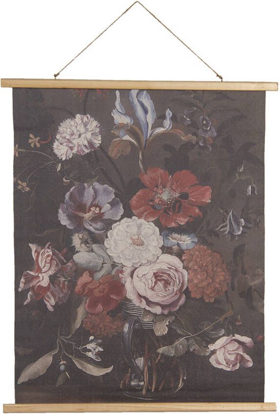 Clayre & Eef Wandkleed 80x100 cm Zwart Roze Hout Textiel Rechthoek Bloemen Wanddoek Zwart Wanddoek