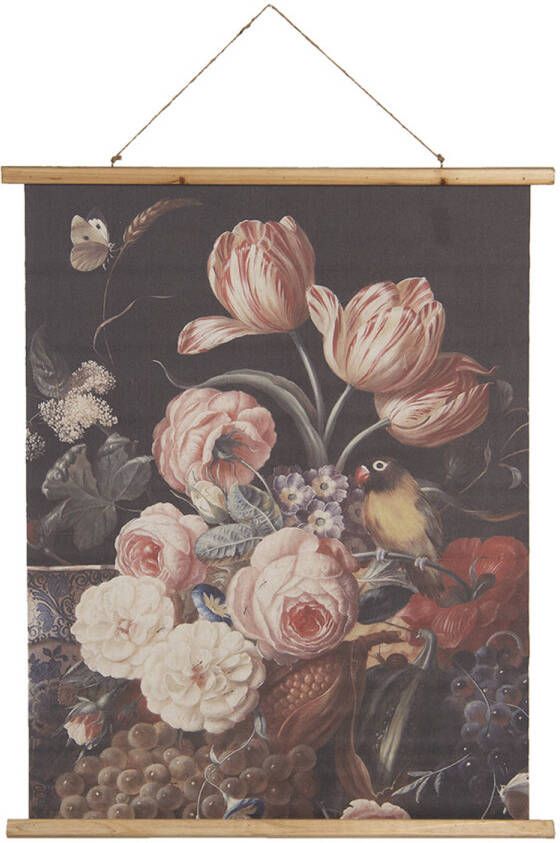 Clayre & Eef Wandkleed 80x100 cm Bruin Wit Hout Textiel Rechthoek Bloemen Wanddoek Bruin Wanddoek