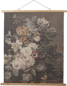 Clayre & Eef Wandkleed 80x100 cm Grijs Hout Textiel Rechthoek Bloemen Wanddoek Grijs Wanddoek