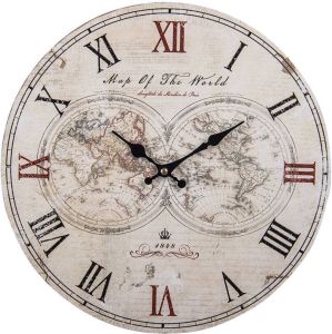 Clayre & Eef Wandklok Ø 34 cm Beige MDF Rond Wereldkaart Muurklok Beige Muurklok