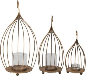 Clayre & Eef Windlicht Set van 3 Koperkleurig Metaal Rond Kaarsenhouder Koperkleurig Kaarsenhouder