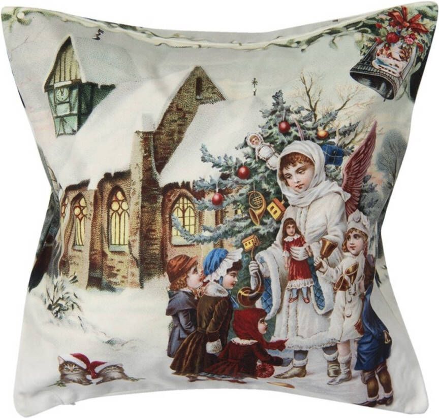Clayre & Eef Kussenhoes 45*45 cm Wit Polyester Vierkant Kerst Sierkussenhoes Kussen hoes Wit Sierkussenhoes Kussen hoes