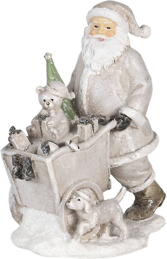 Clayre & Eef Zilvere Decoratie kerstman met kar 12*8*15 cm 6PR4728