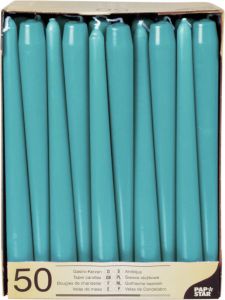 Conpax Candles 50x stuks Voordeelverpakking dinerkaarsen turquoise blauw 25 cm 7 branduren Dinerkaarsen