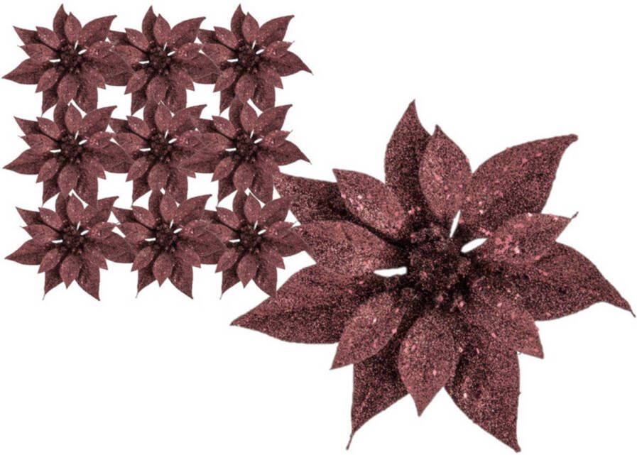 Cosy & Trendy 10x stuks decoratie bloemen kerstster donkerrood glitter op clip 18 cm Kersthangers