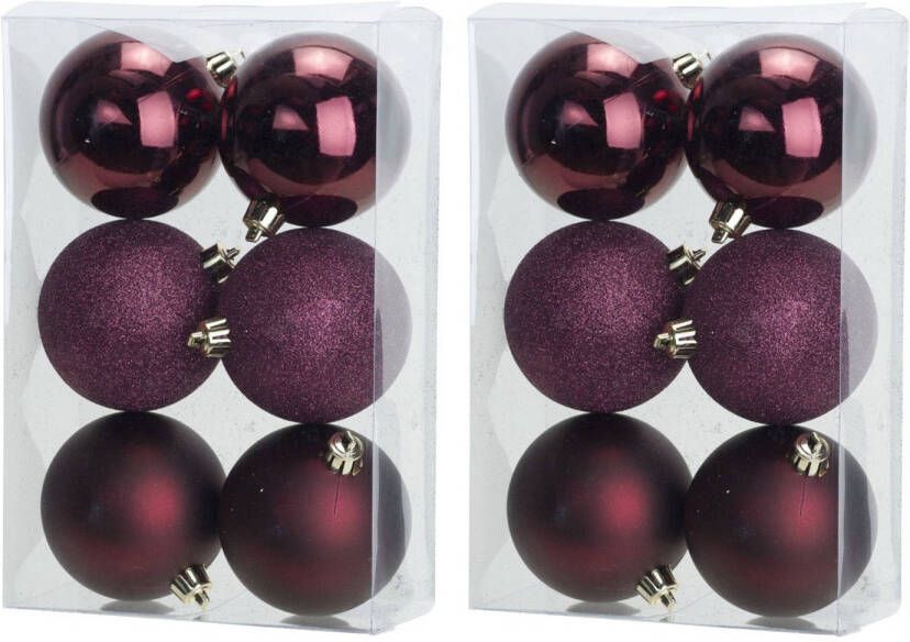 Cosy & Trendy 12x Aubergine roze kerstballen 8 cm kunststof mat glans glitter Kerstbal