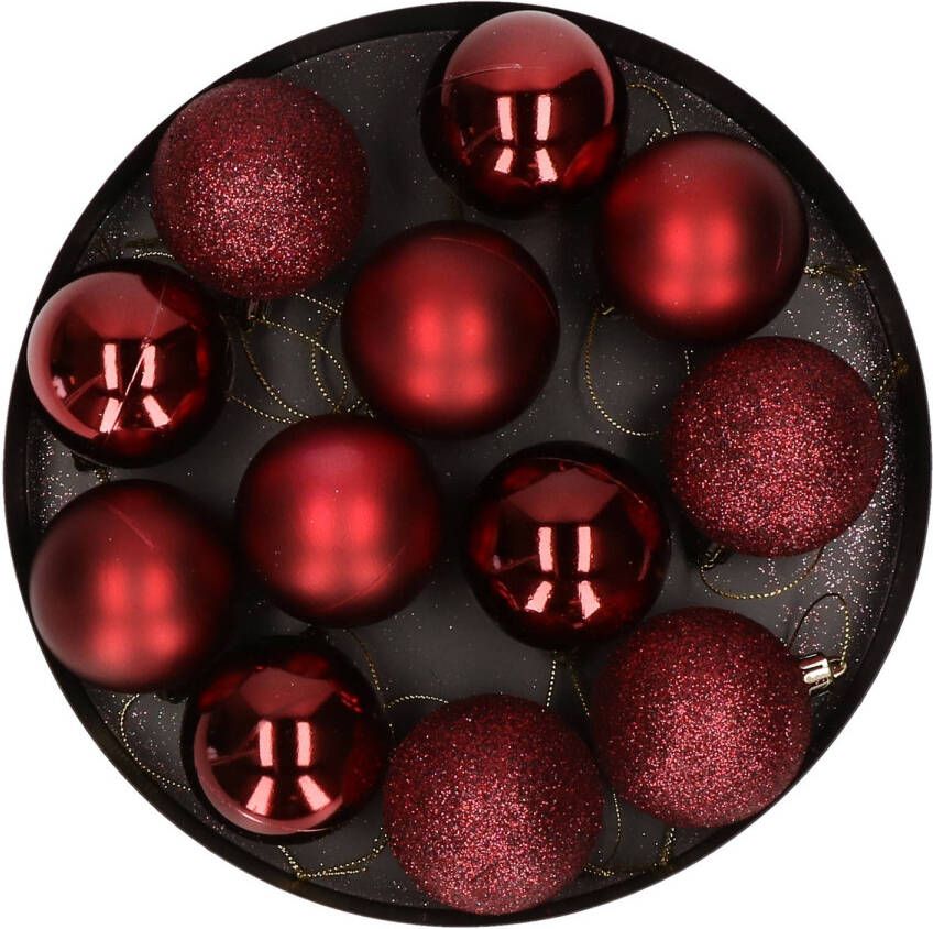 Cosy & Trendy 12x Kunststof kerstballen glanzend mat donkerrood 6 cm kerstboom versiering decoratie Kerstbal