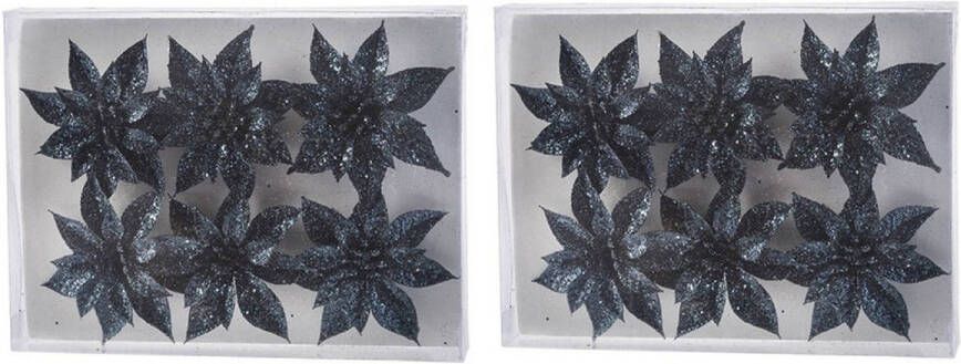 Cosy & Trendy 12x Kerstboomversiering donkerblauwe glitter bloemen op clip 8 cm Kersthangers