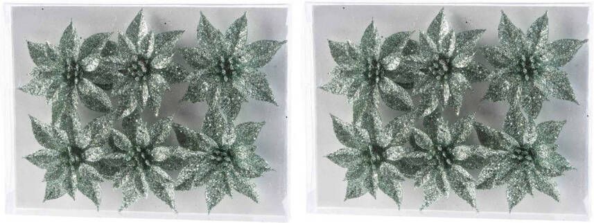 Cosy & Trendy 12x Kerstboomversiering mintgroene glitter bloemen op clip 8 cm Kersthangers
