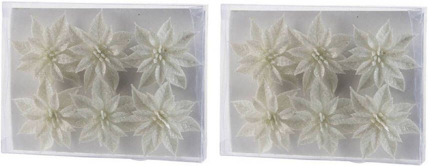 Cosy & Trendy 12x Kerstboomversiering witte glitter bloemen op ijzerdraad 8 cm Kersthangers