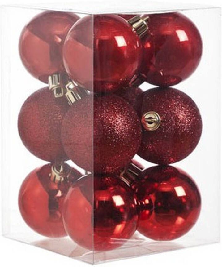 Cosy & Trendy 12x Kunststof kerstballen glanzend mat rood 6 cm kerstboom versiering decoratie Kerstbal
