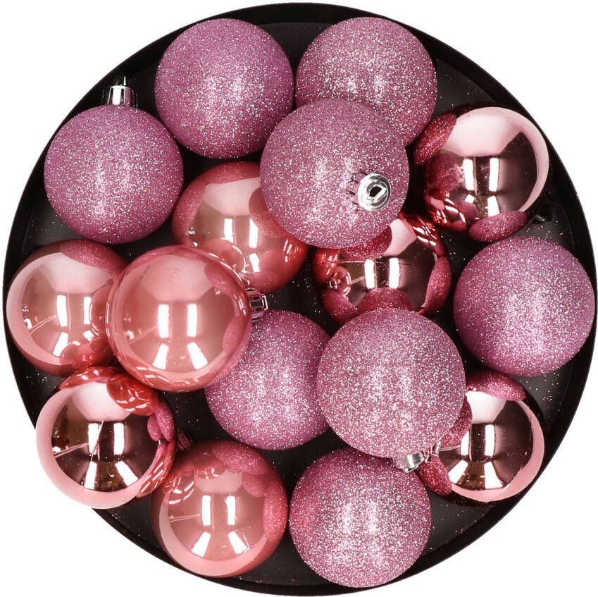 Cosy & Trendy 12x Kunststof kerstballen glanzend mat roze 6 cm kerstboom versiering decoratie Kerstbal