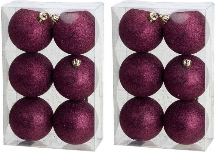 Cosy & Trendy 12x Kunststof kerstballen glitter aubergine roze 8 cm kerstboom versiering decoratie Kerstbal