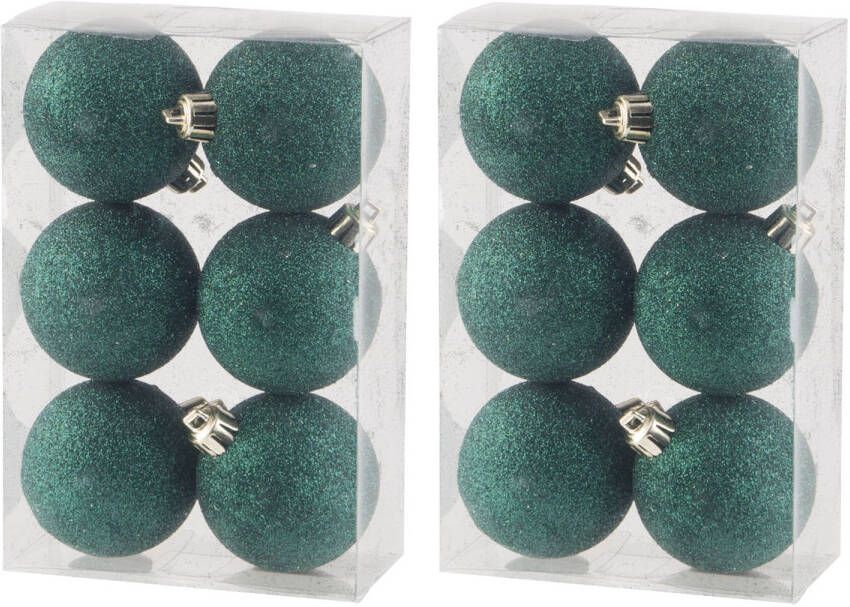 Cosy & Trendy 12x stuks kunststof glitter kerstballen donkergroen 6 cm Kerstbal
