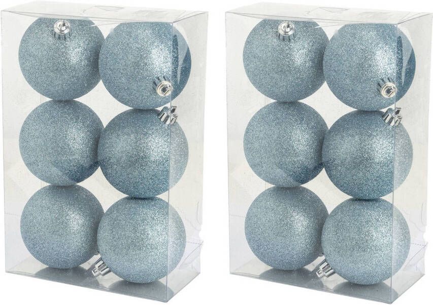 Cosy & Trendy 12x stuks kunststof glitter kerstballen ijsblauw 8 cm Kerstbal