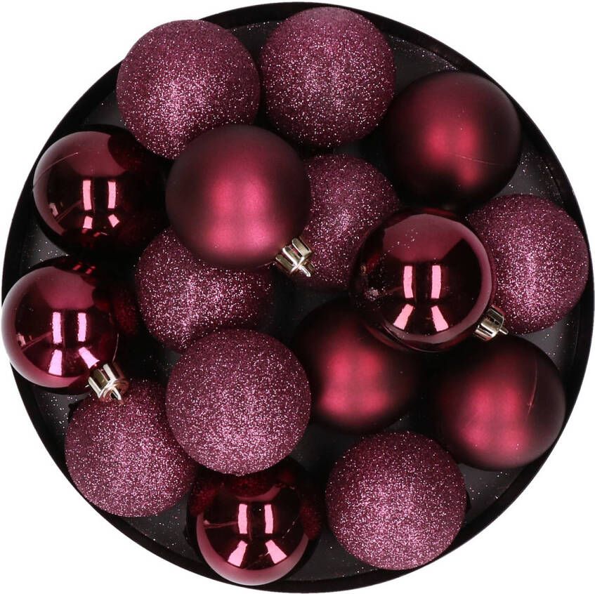 Cosy & Trendy 12x stuks kunststof kerstballen aubergine roze 6 cm mat glans glitter Kerstbal