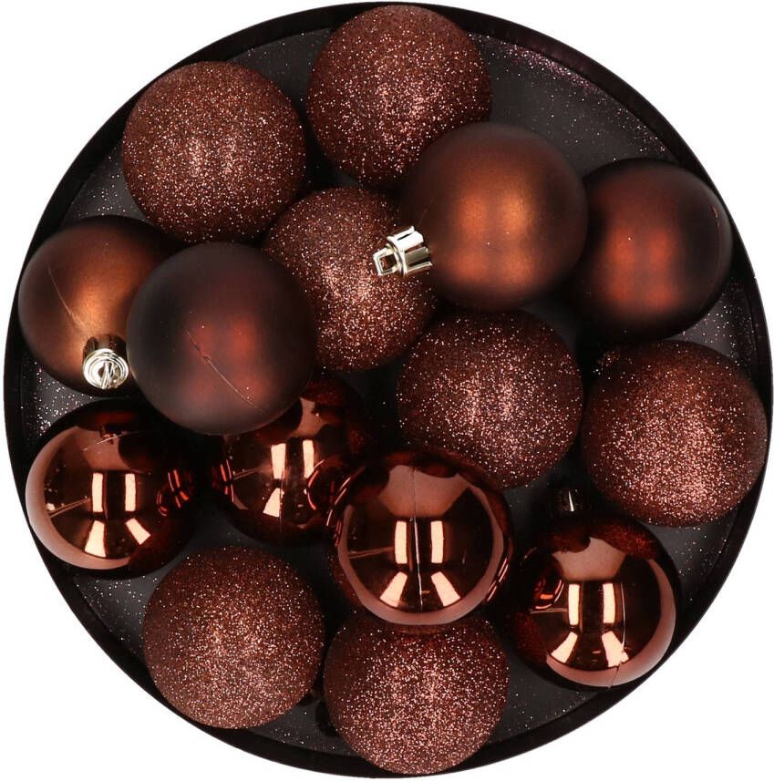 Cosy & Trendy 12x stuks kunststof kerstballen donkerbruin 6 cm mat glans glitter Kerstbal