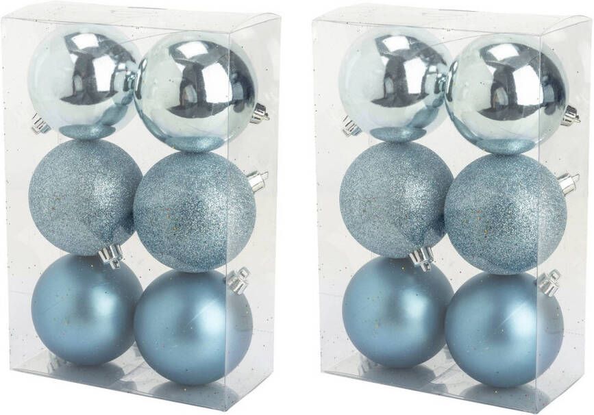 Cosy & Trendy 12x stuks kunststof kerstballen ijsblauw 8 cm mat glans glitter Kerstbal